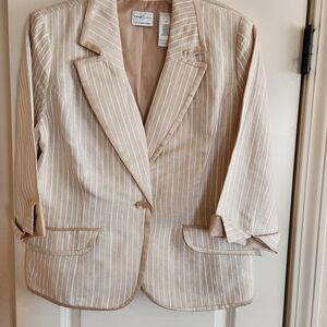 Beige and White Women's Pinstripe Blazer Jacket